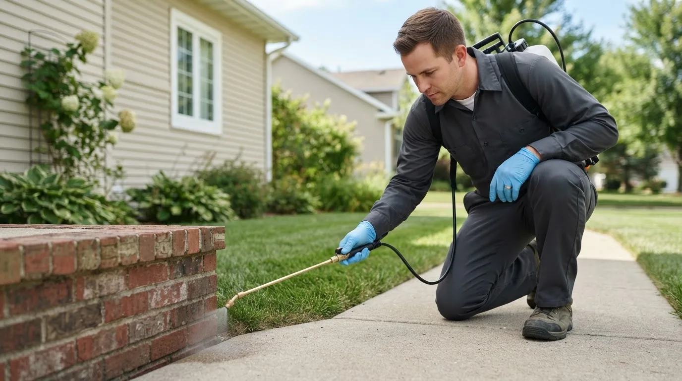 Pest control technician treating a home near Rising Star, TX